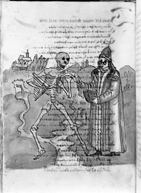 Totentanz für Wilhelm Werner, Graf zu Zimmern - Der Tod führt einen Magister über einen Bach