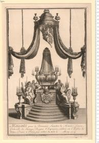Mausolée pour la Cérémonie Funébre de Marie, Loüise, Gabrielle de Savoye, Reyne d'Espagne; célébrée en l'Eglise de Nôtre-Dame à Paris, par Ordre du Roy ... 1714. Inventé et fait executer par Jean Bérain en 1714 ... Gravé par Scotin l'aîne.