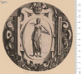 (2) 1 Blatt Rollwerkkartusche mit ovalem Feld, inmitten stehende weibliche Gestalt mit Tafel. Rund beschnitten.