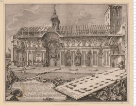 Scenographia [Facies interior cum Ichnographia] novae Basilicae ... in Amorbach ... Cujus utramque Effigiem delineavit Ioan. Georg. Bernard. Vischer ... Excidit Joan. Balth. Gutwein ... Anno 1747 ...
