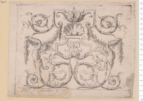1 Blatt Querfüllung: Laub- und Bandwerk mit zwei Schwänen und Doppelmonogramm M R, bez: philip.s F. cheuallier. jn.