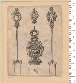 (2) Ein Blatt einer Folge: Zwei Gabeln, ein Petschaft und ein Knaufmotiv, bezeichnet mit Monogramm