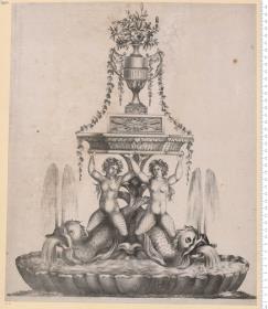 1 Blatt Steindruck: Füllung: Brunnen mit Delphinen und Najaden.