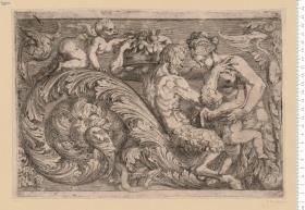 1 Blatt Querfüllung, Akanthusranke mit Satyr, Weib und zwei geflügelten Knaben. Bez: A F. B. XX 108 Nr. 19.