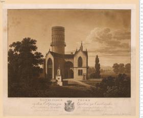 Gothischer Turm in dem Erbprinzen Garten zu Carlsruhe ... gezeichnet von Arnold. Gestochen von C. Haldenwang. Zu finden bey C. Haldenwang in Carlsruhe. (Architekt: Fr. Weinbrenner)