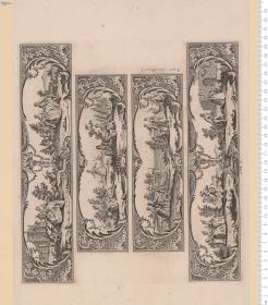 1 Blatt vier Friese für die Seitenteile eines Kastens, mit Schäferszenen in Rokoko-Ornamenten. A Lyon chez Daudet; 131 F.