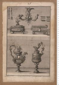 Drei Blatt Möbel- und Ausstattungsentwürfe aus: Neue Inventiones von unterschidlich nüzlicher Silber-Arbeit ... gezeichnet von Abraham Drentwet in Augsburg. Ins Kupffer gebracht durch Ioh: August  Corvinum, und daselbst verlegt von Jeremias Wolff ...