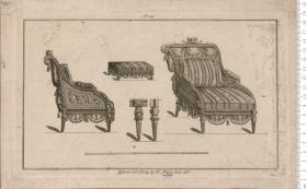 2 Blätter aus einem Reihenwerk: Möbel, Gitter, Bauteile u. a. Gestochen und Verlegt von [in Verlag bey] Fr[anz] Heißig Cath. A.V. Portal (Nr. 3) und Sessel (Nr. 42)