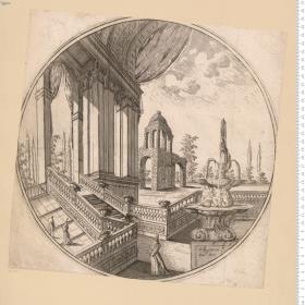 Architekturbild in Rund: Terrasse mit Halle und Brunnen. Buffagnottus Inu. fecit.