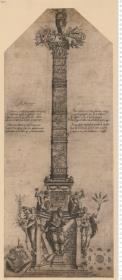 Ehrensäule. Auf dem Kapitell die Justitia mit Trophäen; am Sockel Moses mit den Gesetzestafeln und vier allegorischen Figuren. Hvg. Sambin ... Architecte Dijonnois inuenteur 1588.
