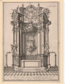Der Prospect des Altars (der kleinen Michaeliskirche in Hamburg), nebst der darinnen befindlichen Canzel ... Joach. Heinr. Nicolassen. Inv. Arch: & aedificavit. F. N. Rolfsen Sc: Hamb: 1754. Tab: IV.