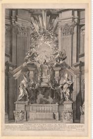 Alexander VII ... Anno Sal. 1666 Cathedram S. Petri in interiore Templi Vaticani fronte iuxta formam ab ingenio Eq: Io: Laurentij Bernini conceptam collocauit ornauitque ... Machinam aere iterum incidi curauit Matthaeus Gregorius de Rubeis ... 1686. Aegid. Patigny Sculp. Romae ...