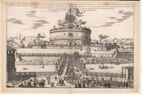 Vedvta Del Castello, E Ponte Sant'Angelo ... disegno del Cau' Gio. Lorenzo Bernini nuouamente data in luce da Matteo Gregorio Rossi ... Giuseppe M. Juster. Sculp. Anno 1686.