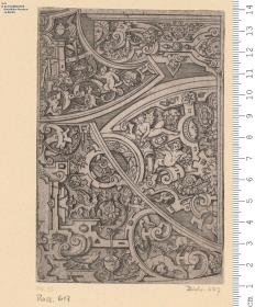 (6) 1 Blatt 4 ineinander geschobene Ornamentabschnitte, Rollwerk mit Figuren.