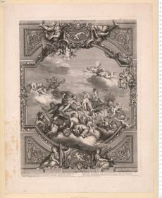 Apollon Distribue Des Recompenses ... D'apres le Tableau de Pierre Mignard peint dans la voute de la Gallerie du petit Appartement du Roi à Versailles. (Vorangeht lateinischer Titel). á Paris ... chez Du-Change, & á Amsterdam ... chez Picart le Romain. (bez:) P. Mignard pinx. Simon Thomassin filius, sculps. Amstel. 1711 B. Picart. sculp. direxit.