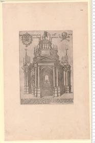 1 Bl. Katafalk mit der Aufschrift: Per L'Esequie Del ... Dvca Alessa^BFdro Farnese. Nella Chiesa di S.ta Maria d'Aracoeli fu eretto Il pñte funerale ... 1593. quale fu ordinato da Giacomo della porta ... e le pitture da Giuseppe d'Arpino ... bez.: Io. Ma(ggi). F.