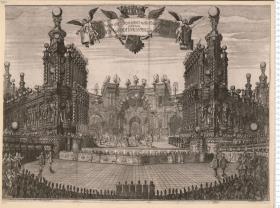 Veduta del Proscenio nella Festa Teatrale intitolata Angelica Vincitrice di Alcina. (Bez:) Gius. Galli Bibiena ... inv. et del. F. Dietell sc. Vien. (Aufführung: 1716)