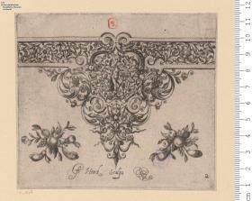 1 Blatt einer Folge Randornament mit Schweifgrotesken und Blumen, unten an den Seiten je ein Fruchtbündel
