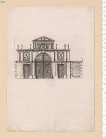 Portal mit 2 Seitentüren und anschließendem Maueransatz, bez: Cottart fecit.