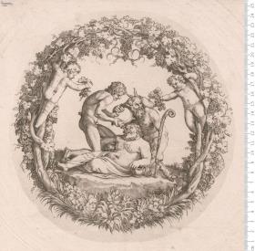 1 Blatt Schalenboden (Rund): Silen, der von Faun und Satyr getränkt wird; gerahmt von 2 Putti