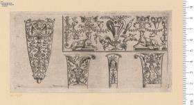 (2) Waffenornament, je ein Ortband (Fries), eine Scheidenspitze und drei Messergriffe, davon 1 Blatt mit groteskem Ornament und 1 Blatt mit Mauresken