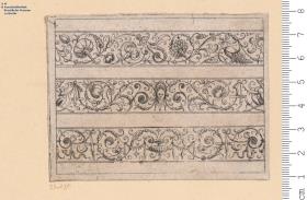 4 Blatt einer Folge, davon 3 Blatt Friese, das erste Blatt Umrahmung aus Schweifwerk und Ranken, inmitten figürliche Szene, bez: Iohan Sibmacher Nor: Anno 1592.