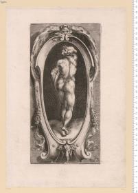 Kartusche, inmitten Krieger, nach Michelangelo, Cappella Paolina im Vatikan, dat: Romae 1590.