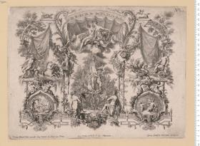 1 Blatt teppichartige Wandfüllung mit Gottheiten, inmitten Venus. Johann Daniel Herz excudit Aug. Vindel ... Georg Gottfrid Winckler Sculpsit. Nr. II, Nr. 1. Nachstich nach dem Originalstich von Cochin.