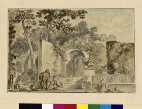 Ansicht eines Parkteils der Villa d'Este mit dem sogenannten Weg der Kanäle und dem Eingang zum Brunnen von Tivoli
