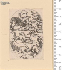 (6) 4 Blatt phantastische Seetiere mit Landschaften (hochoval)