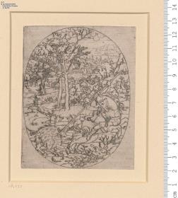 (9) 1 Blatt Krieger, ein Wildschwein erlegend in Landschaft (hochoval)