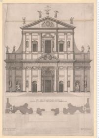 Templi. Iesv. Romae. Pars Anterior Iacobo. Vignola. Architecto. Inventore Marius Cartarus Incidebat Romae Anno 1573.
