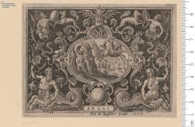 Folge: Querfüllungen: Grottesken auf schwarzem Grunde um mythologische Mittelbilder, mit Unterschriften. Blatt 1 bez: Ioos de Bosscher excude. 1584, die anderen Blatt z. T. bez: A D B (zsgz.) [fecit].
