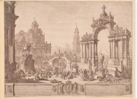 Bühnenbild: Phantasiearchitektur mit Staffage; mit Widmung, unterzeichnet: Iosephus Chamant ... Architectus Theatralis, Pictor Inven: Delin. et Sculp. 1743.
