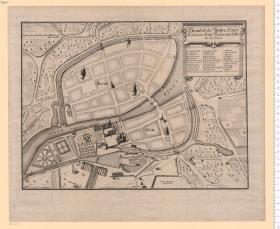 2 Blatt aus Müllers und Küsters "Altes und Neues Berlin ...": 1. Residentia Electoralis Brandenburgica; 2. Grundriß der beiden Churf. Residentz Städte Berlin und Cölln.