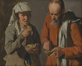 Erbsen essendes Bauernpaar