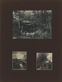 Fluss mit Brücke und Gebäuden / Frau an einer Weiden-Allee / Junge am Fluss