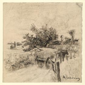 Heuwagen auf dem Feldweg zum Dorf