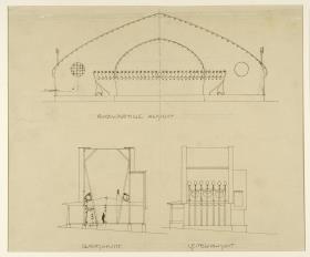 Darmstadt, provisorisches Galeriegebäude, Gebäude für Flächenkunst, Aufrisse der rückwärtigen Fassade und einer Seitenfassade sowie Schnitt