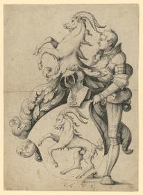 (Steinbock)-Wappen der Straßburger Familie Böcklin mit Ritter als Schildhalter