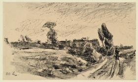 Landschaft mit männlicher Rückenfigur auf breitem Sandweg, im Hintergrund Häuser