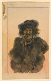 Halbfigur eines Pfeife rauchenden Mannes mit Hut