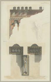 Skizzenbuch Italienreise, Palermo, Palazzo Chiaramonte, Sala Grande, Seiten-, Frontal- und Schrägansicht der Konsolen und Balken der Decke