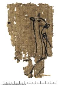 Papyrus mit Zeichnungen einer Figur und eines Tieres
