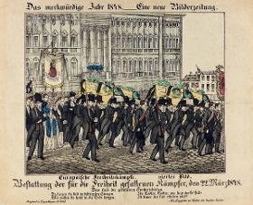 Das merkwürdige Jahr 1848. Eine neue Bilderzeitung. Europäische Freiheitskämpfe, viertes Bild. Bestattung der für die Freiheit gefallenen Kämpfer, den 22. März 1848.