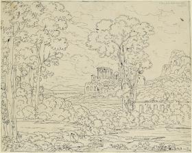 Studie nach Claude Lorrain: Landschaft mit hohen Bäumen und Tempelruine