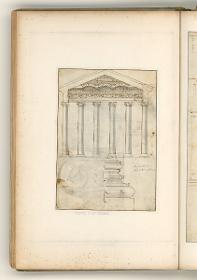 Rom, Forum Romanum, Concordia-Tempel, Gesims, ionisches Kapitell; Verso: Innenseite der Giebelfront und Profil der Säulenbasis