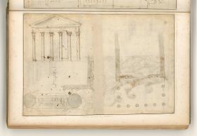Rom, Nerva-Forum, Minerva-Tempel, Gebälk, Kapitell, Schnitt durch eine Säule; Verso: Grundriss