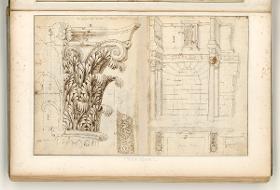Rom, Nerva Forum, Umfassungsmauern, Schnitt durch Säule und Gesims-Details, Profil einer Figuren-Nische; Verso: Grund-und Aufriss eines Jochs der Umfassungsmauern, Kapitell