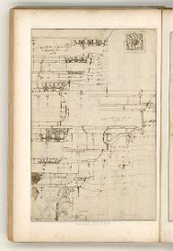 Rom, Nerva Forum, Aufriss und Grundriss der Attika, Kapitelle, Gebälk der Umfassung, Gesims der Attika; Verso: Rom, Hadrianstempel, Gebälk (links) sowie Gesims des Palastes Farnese (rechts)